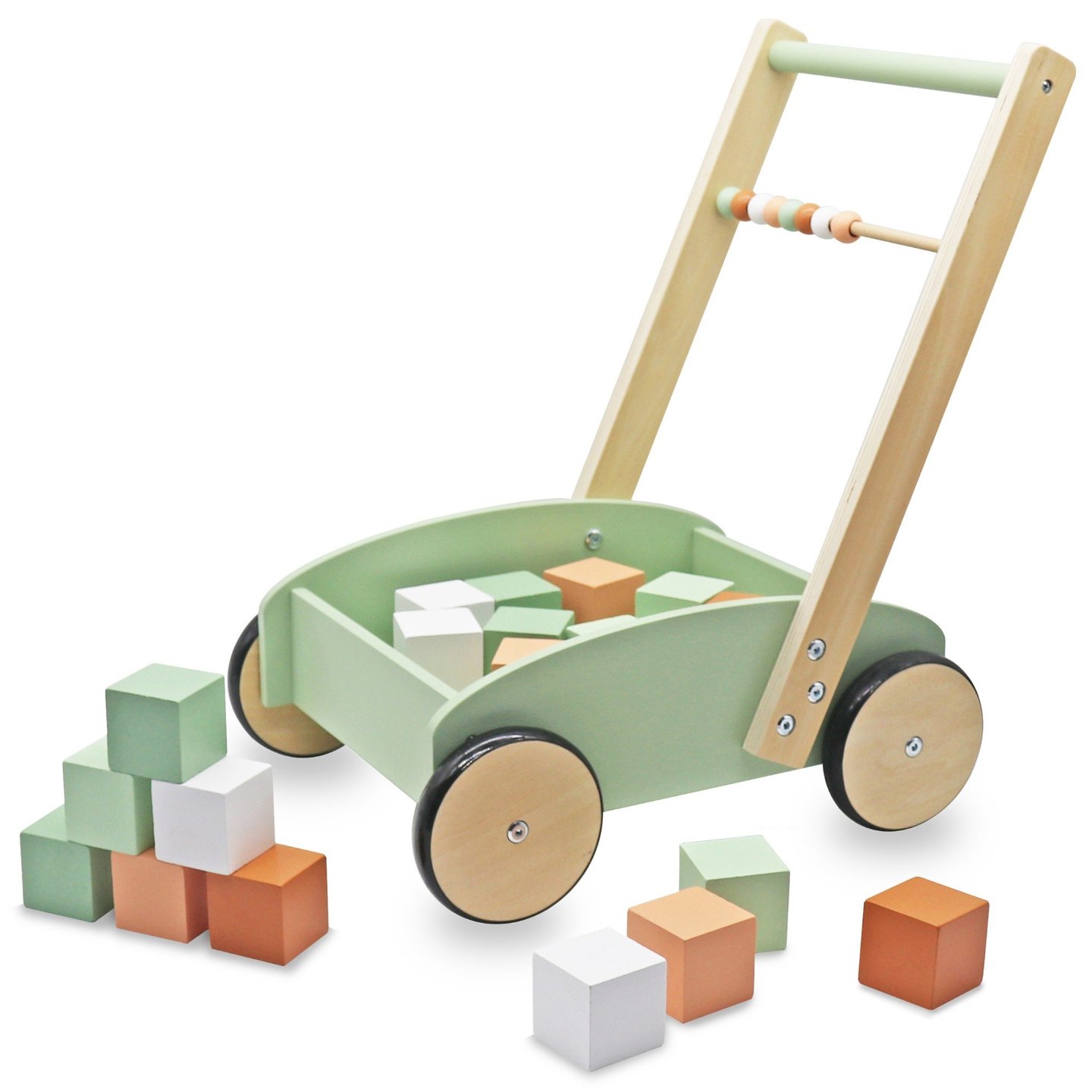Dřevěné chodítko - odstrkovadlo - vozík s počítadlem a kostkami 20 ks.